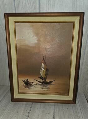 Vtg Zablan Filipino Fishing Boats Sunset Framed Oil Painting Canvas Mid Century